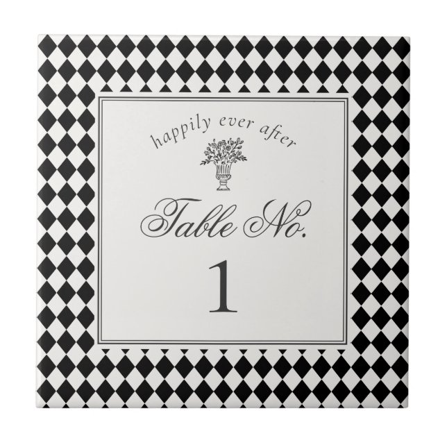 Black Harlequin Checkered Wedding Table Number (Frente)