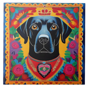 Black Lab Dog Mexicano Foley Art Frida Style Azule