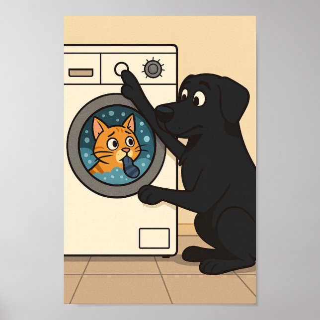 Black Labrador and Cat Laundry Room Humor Poster  (Frente)