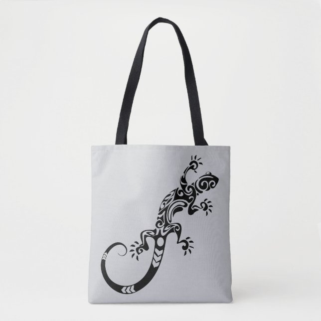 Black Lizard Gray Tote Bag – Reptile Art Design (Frente)