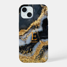 Black marble chic gold glitter monogram