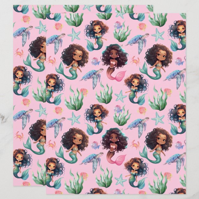 Black Mermaid Scrapbook Paper in Pink (Frente/Verso)