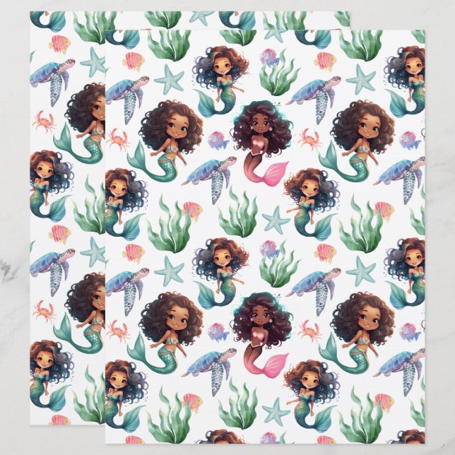 Black Mermaid Scrapbook Paper in White (Frente/Verso)