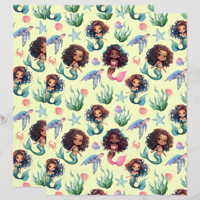 Black Mermaid Scrapbook Paper in Yellow (Frente/Verso)