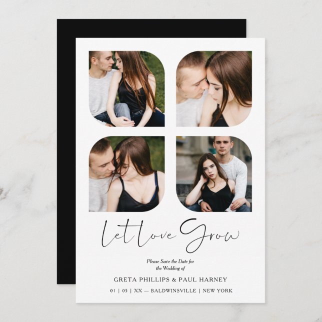 Black Modern Chic Clover Collage 4 Photos Wedding (Frente/Verso)