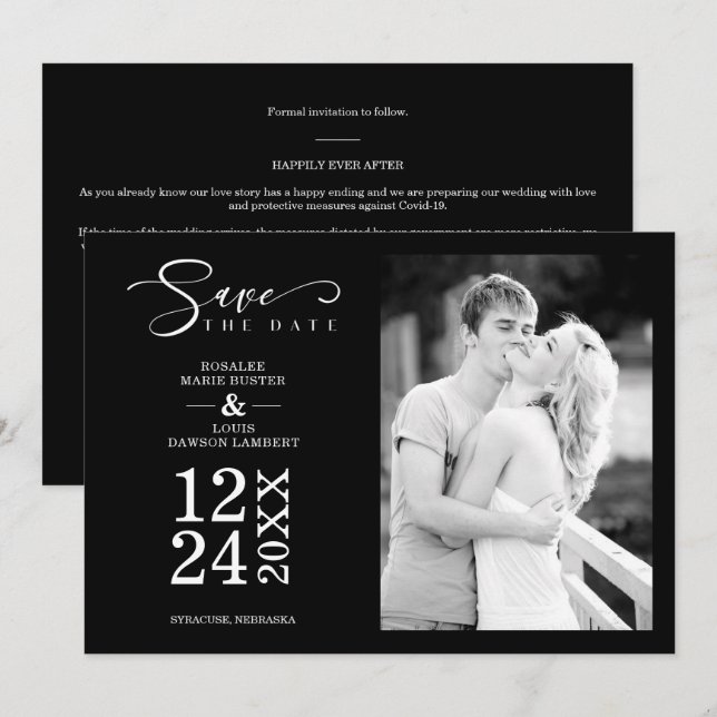 Black Nice Modern Romantic Wedding Photo (Frente/Verso)