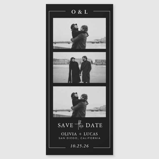 Black Photo Strip Monogram Border Magnetic Wedding (Frente)