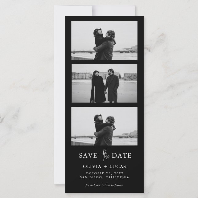 Black Photo Strip Wedding Save The Date (Frente)