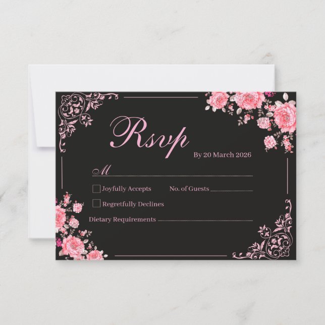 Black & Pink Floral Wedding RSVP Card (Frente)
