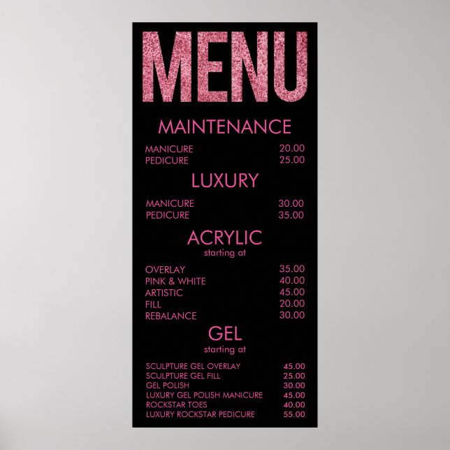 Black & Pink Glitter Salon Menu Wall Poster (Frente)