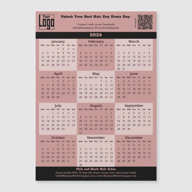 Black Pink Salon Logo QR-code 2026 Calendar Magnet (Frente)