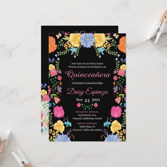 Black Quinceañera Invitation multi color, flowers (Frente/Verso In Situ)