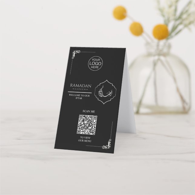 Black Ramadan QR Code Table Tent | Iftar Menu Sign (Frente)