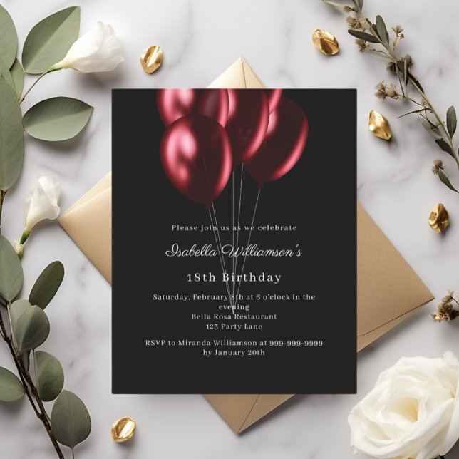 Black red balloons birthday invitation (Criador carregado)