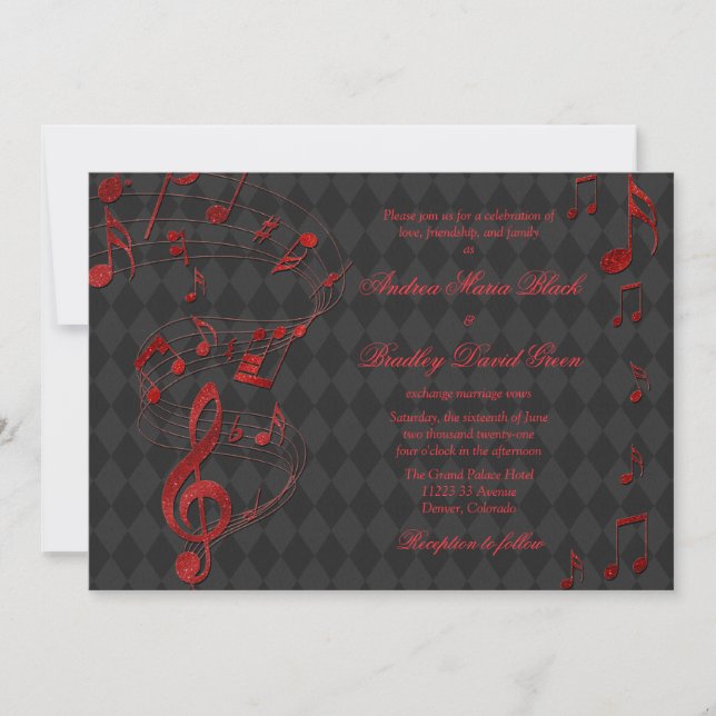 Black Red Harlequin Music Notes Convite para Casam (Frente)