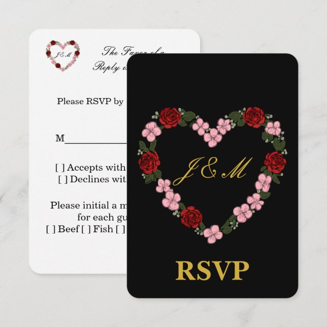 Black RSVP card with a pink and red heart (Frente/Verso)