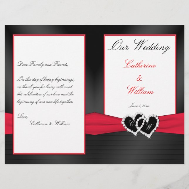 Black Satin Pleasts with Heart Wedding Program (Frente)