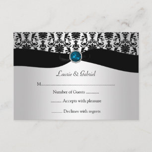 Black Silver Damask Blue Topaz Jewel RSVP Convite