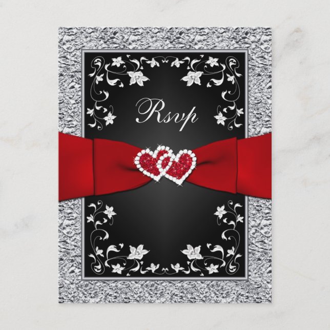 Black Silver Floral Hearts FAUX Foil RSVP (Frente)