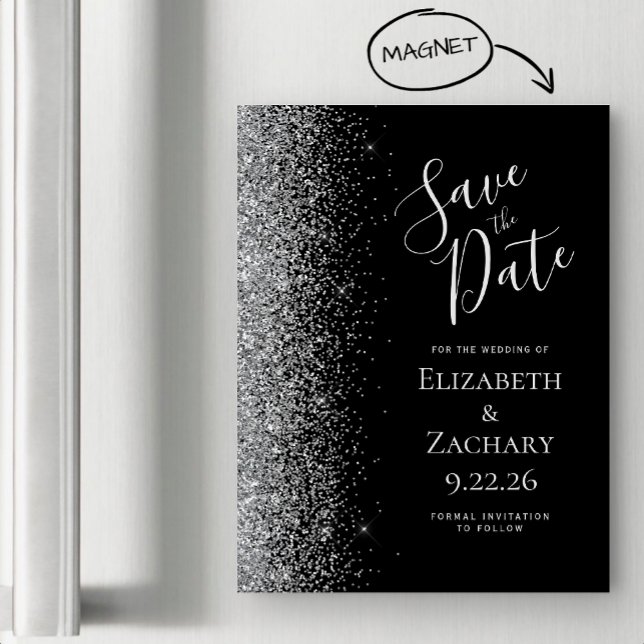Black Silver Glitter Magnético Save the Date (Criador carregado)