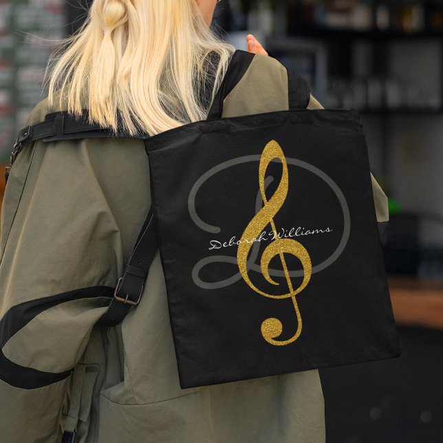 Black Tote Bag com o nome dela e clave tripla (music style)