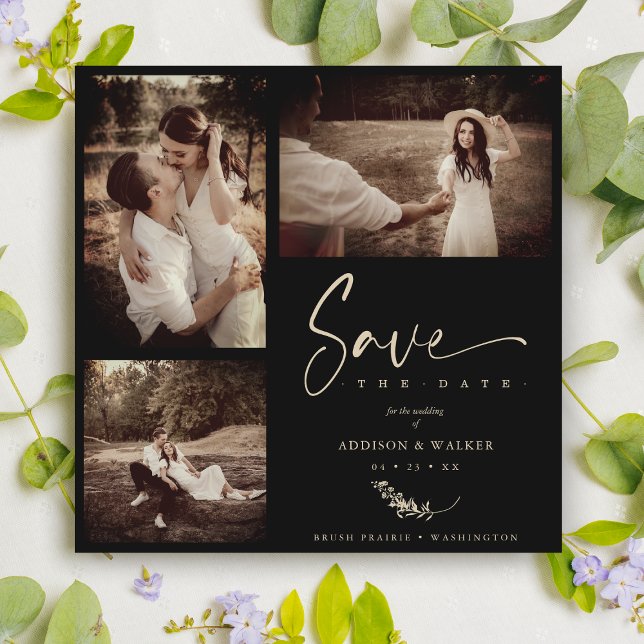 Black Trendy Branches Wedding Save Date 3 Photos (Criador carregado)