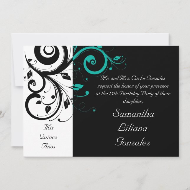 Black White Aqua Swirl Quinceañera Convites (Frente)