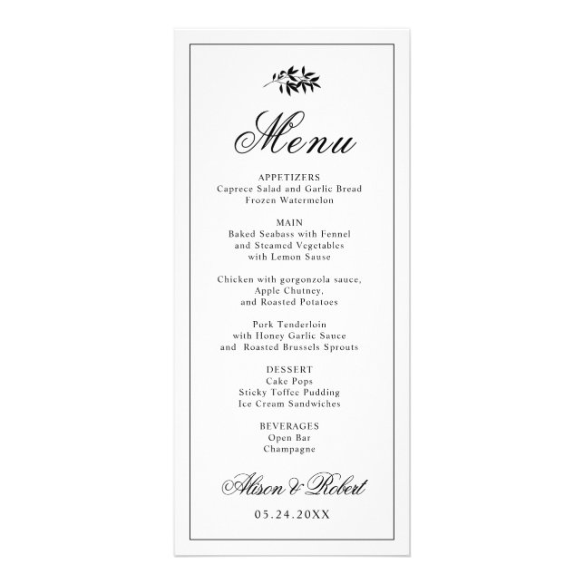 Black white branch Old Money wedding menu card (Frente)