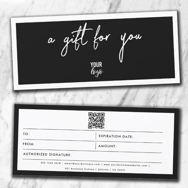Black White Business Logo QR Code Gift Certificate (Criador carregado)