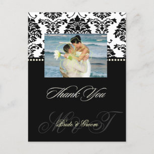 Black + White Damask Obrigado Cartões Fotográficos