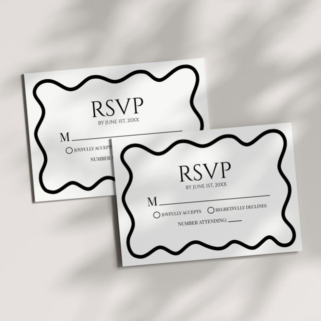 Black White Elegant Wavy Border Wedding RSVP Card (Criador carregado)