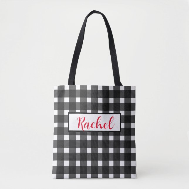 Black White Gingham Personalizado Tote Bag (Frente)
