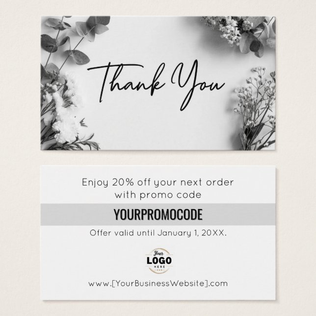 Black White Gray Botanical Thank You Discount Card (Frente & Verso)