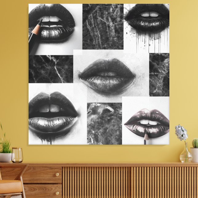 Black,White Lips Collage Canvas Statement Wall Art (Insitu(Sala de estar))