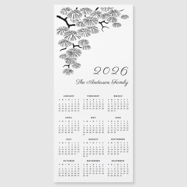 Black White Pine Branch Botanical Calendar 2026 (Frente)