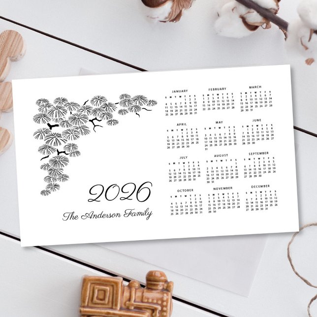 Black White Pine Branch Botanical Calendar 2026 (Criador carregado)
