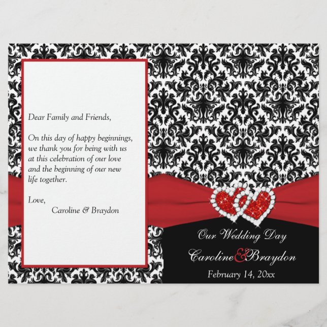 Black White Red Damask, programa de casamento de c (Frente)