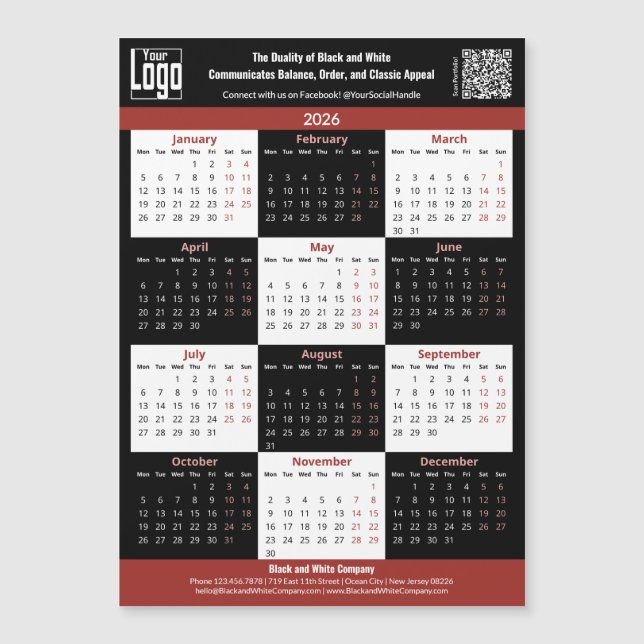 Black, White, Red Your Logo 2026 Calendar Magnet (Frente)