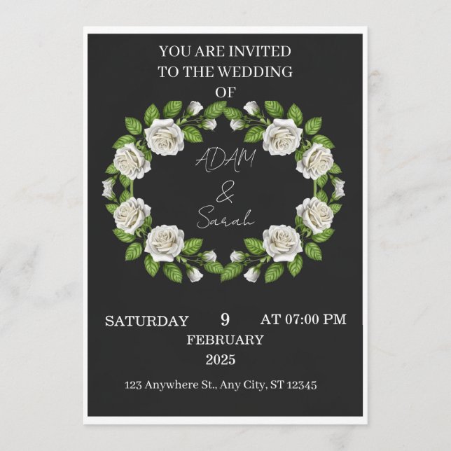 Black & White Rose Wreath Wedding Invitation (Frente)