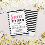 Black & White Stripes Doce 16 Convite de Aniversár<br><div class="desc">Este doce convite 16 apresenta um fundo na moda preto e branco de listras e a palavra "Doce" em bonito cor-de-água rosa. Isto é perfeito para a aniversariante que comemora fazer dezesseis anos com uma festa de aniversário. Personalize este convite substituindo o texto do marcador de posição no modelo. Para...</div>