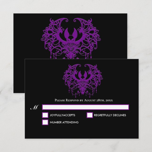 Blak purple Gothic Halloween Wedding RSVP Card (Frente/Verso)