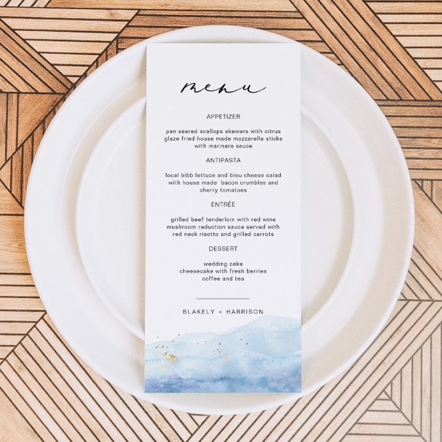 BLAKELY Dusty Blue Watercolor Beach Menu (Criador carregado)