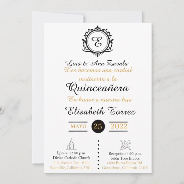 Blan  oro  invitations for quinceañera elegante  (Frente)