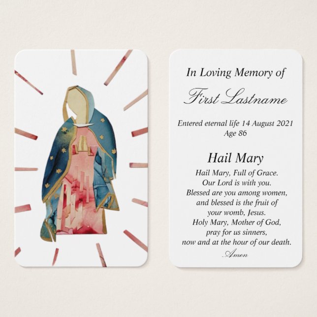Blessed Mother Virgin Mary In Memory Prayer Card (Frente & Verso)