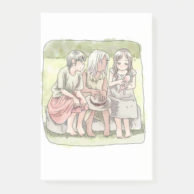 BLOCO DE NOTAS さなにやじ　野外で、椅子に座って仲良くしている三人の裸足の女の子のイラスト (Frente)