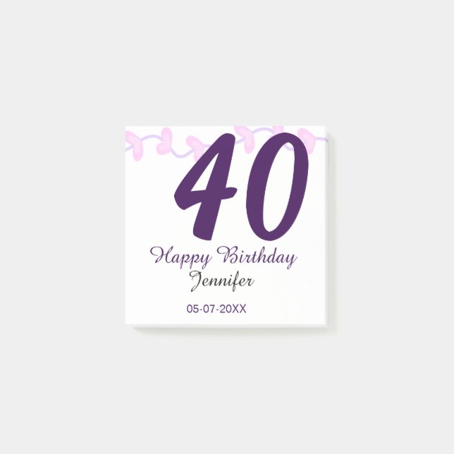 Bloco De Notas 40th birthday add name date year purple floral pin (Frente)