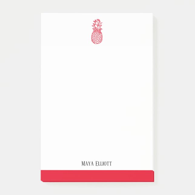 Bloco De Notas Abacaxi Vermelho Branco e Brilhante e Borda, Nome (Frente)