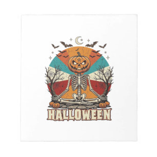 Bloco De Notas Abóbora Meditando no Halloween Esqueleto Sol Retro