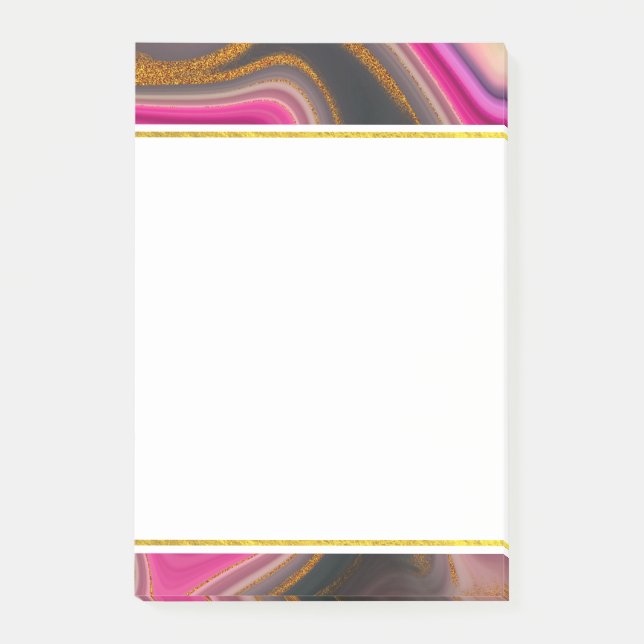 Bloco De Notas Abstrato rosa e preto com espirais Dourados (Frente)