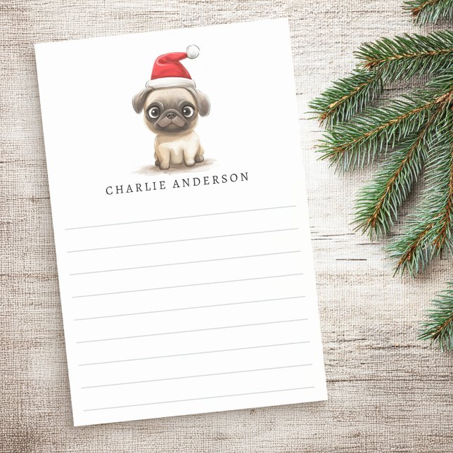 Bloco De Notas Adorável pug com chapéu de Papai Noel nome em linh (Cute pug in Santa hat name lined Christmas Post-it Notes)